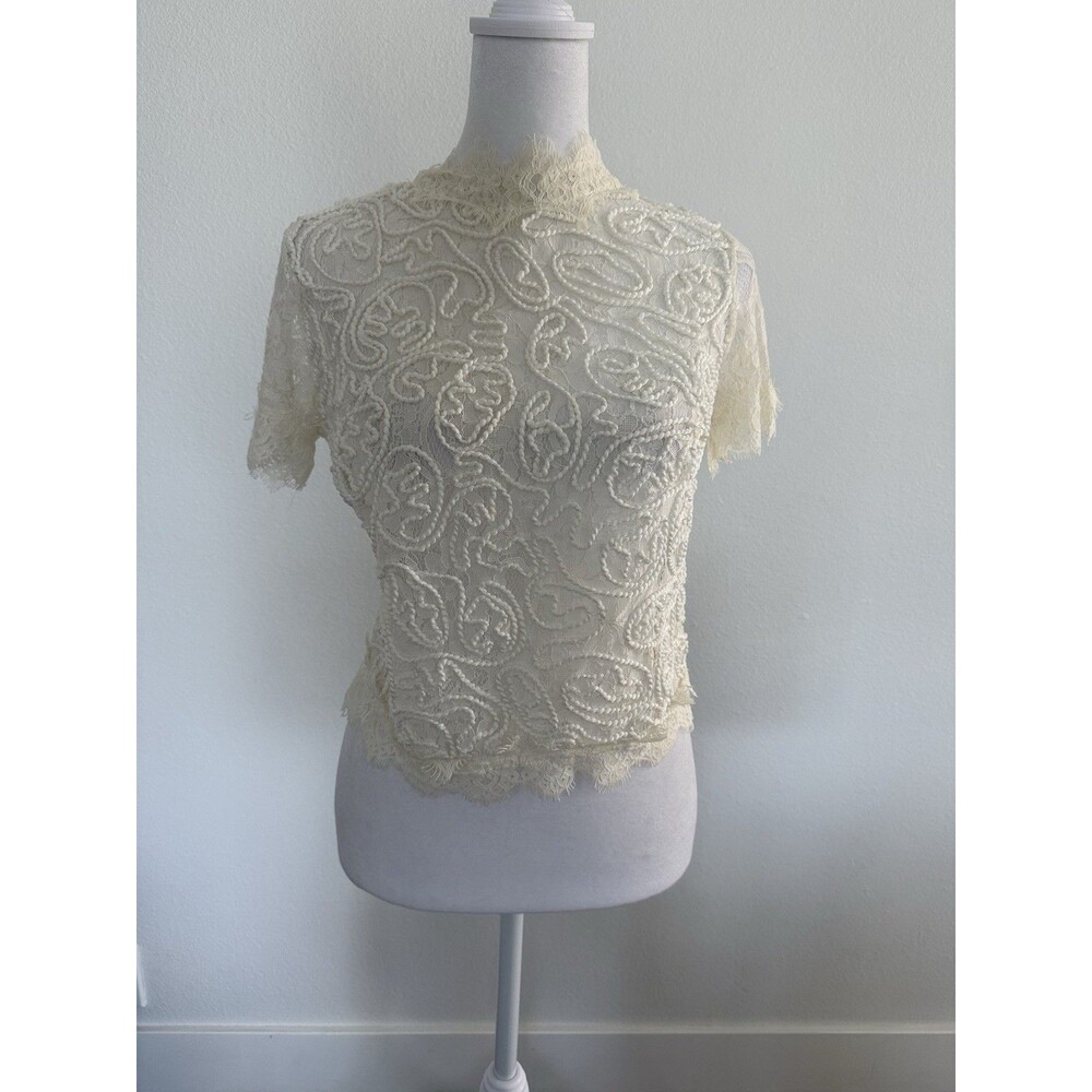 Women’s Zara Trafaluc Sheer Cream Lace Zip Back Crop Blouse